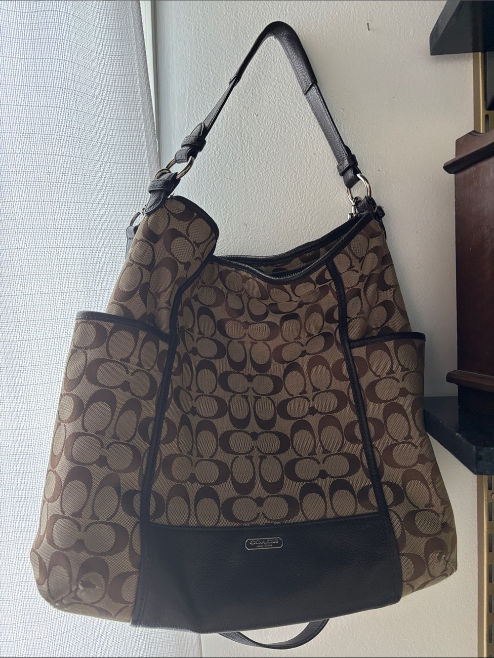 Coach Brown Signature Canvas Hobo with Dark Brown Leather Trim